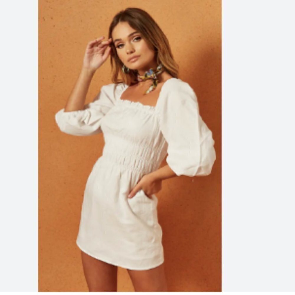 Charlie Holiday Boheme Linen Puff Sleeve Mini Dress Coastal - Picture 3 of 14